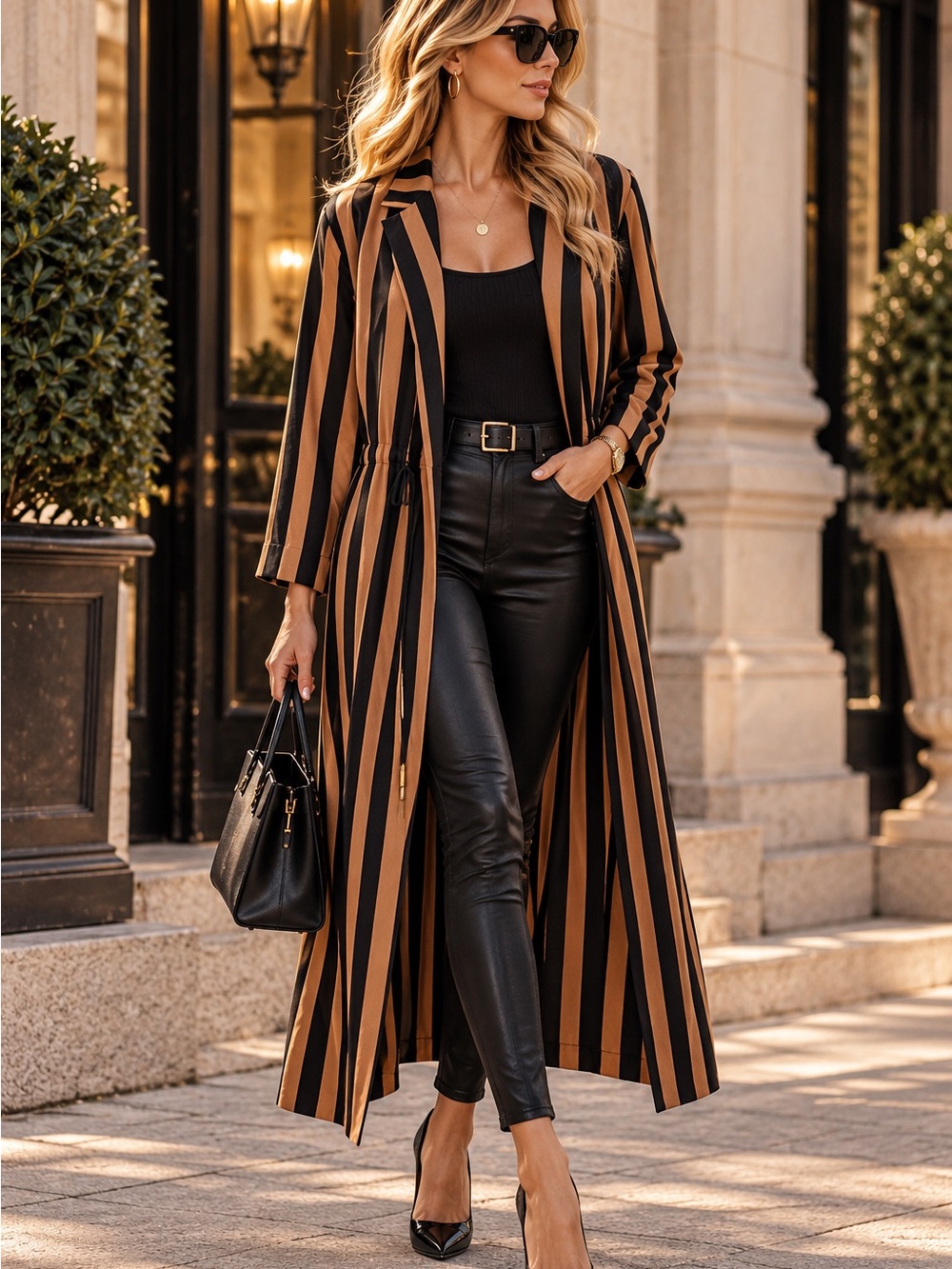 Topshop Brown and Black Striped Longline Trench Coat